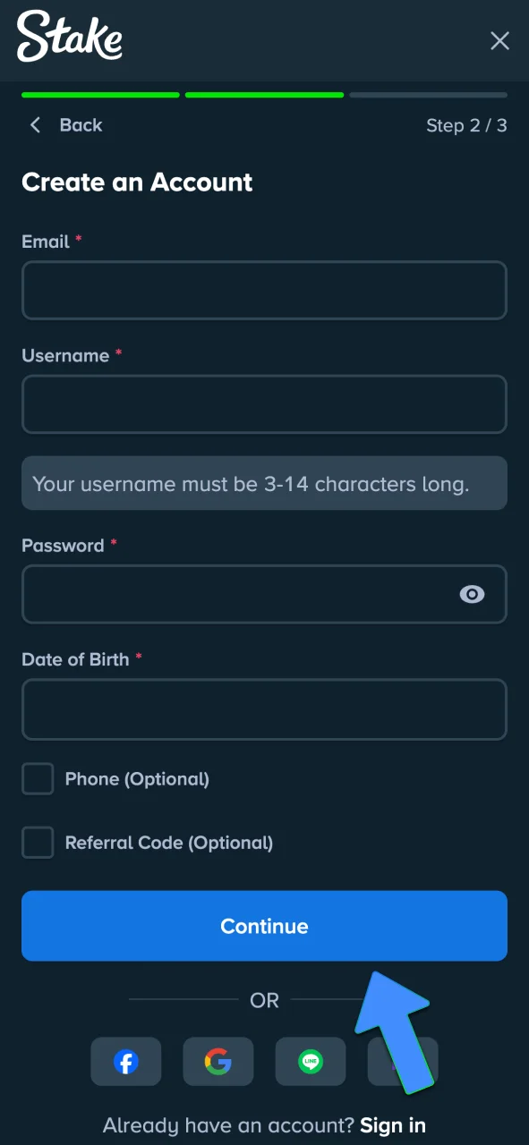Fill your details and join Stake on iOS.