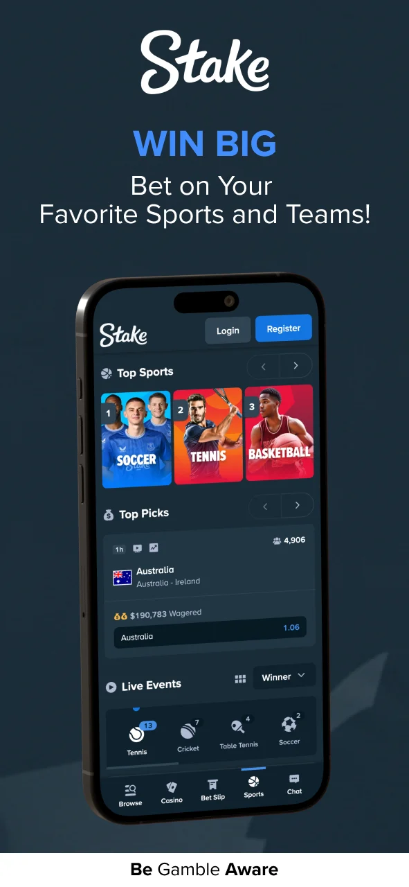 Bet on sports anytime with the Stake app.
