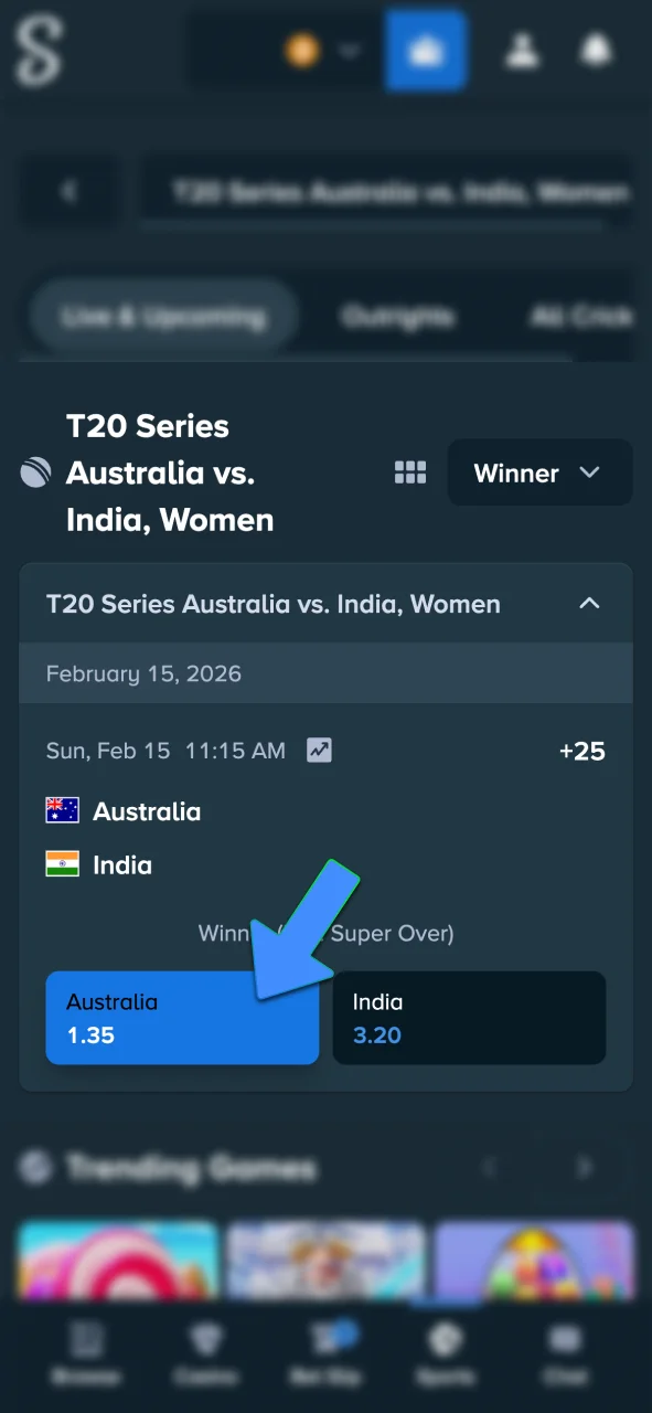 Choose your cricket bet on Stake and pick the outcome.