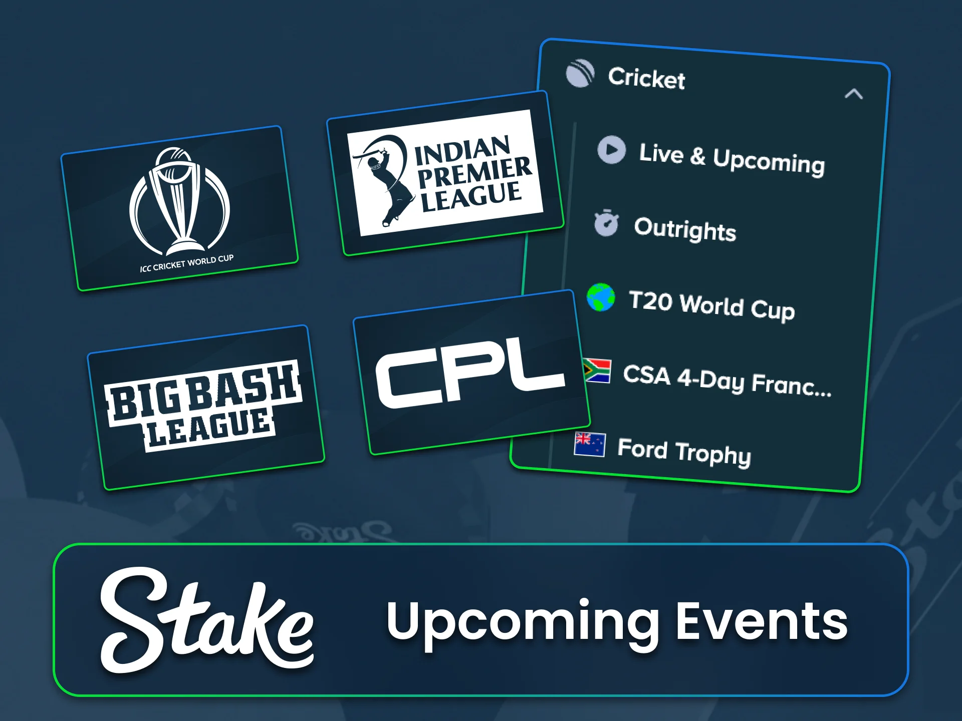 Stake offers multiple outcomes and live broadcasts for cricket tournaments.