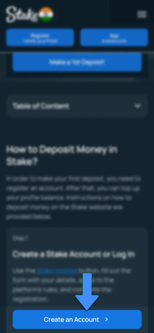 Tap the register button, submit your details, accept the rules, and start at Stake.