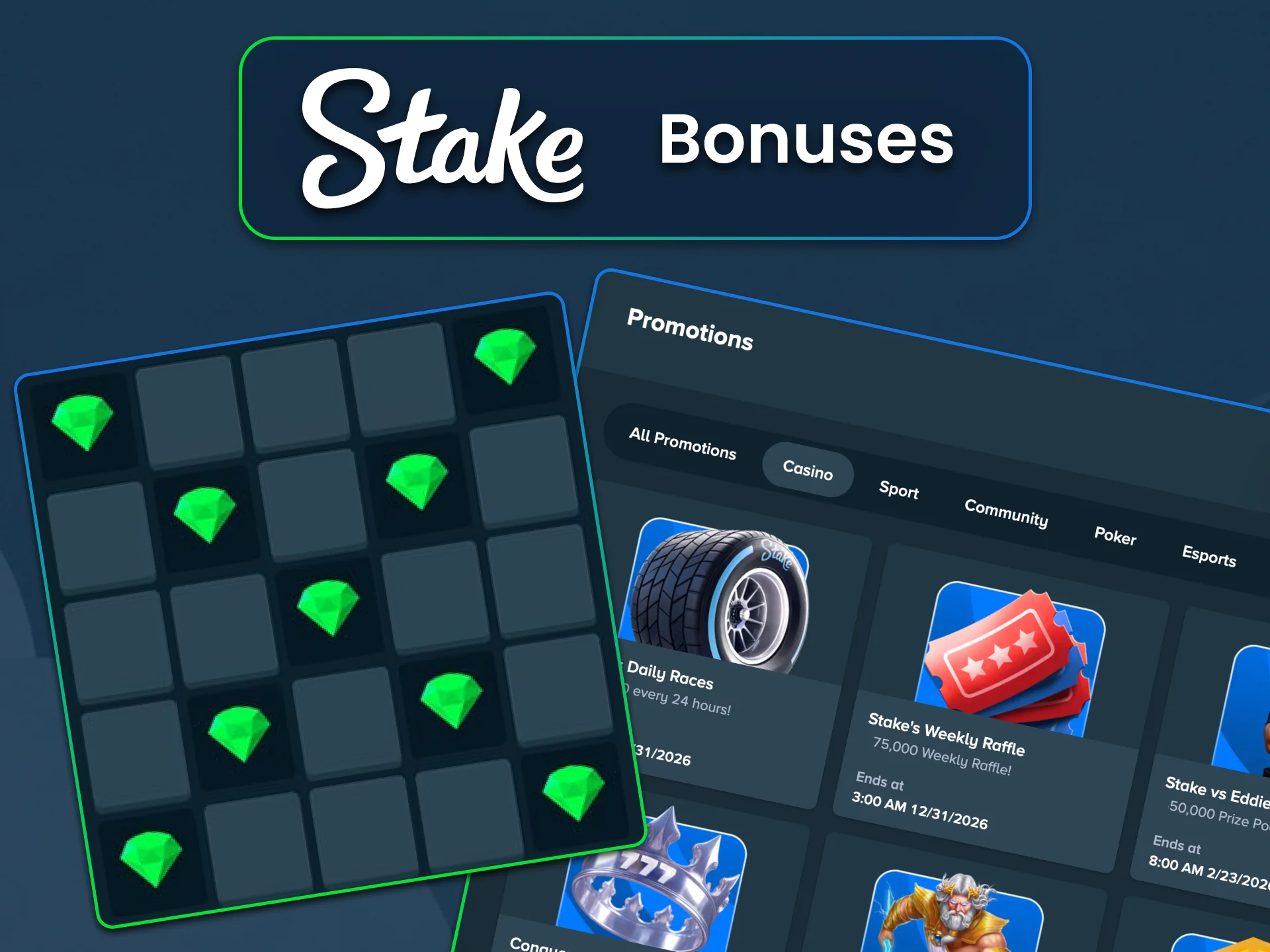 Stake gives rewards through challenges, slots, and weekly draws.