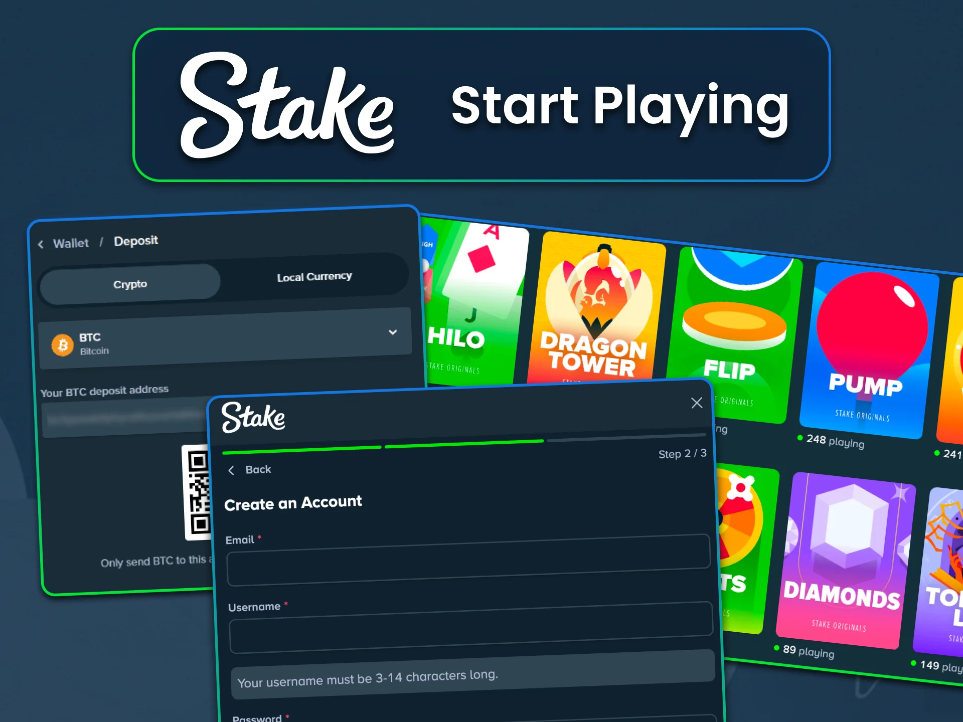 Register at Stake, deposit funds, and dive into Stake Original Games instantly.