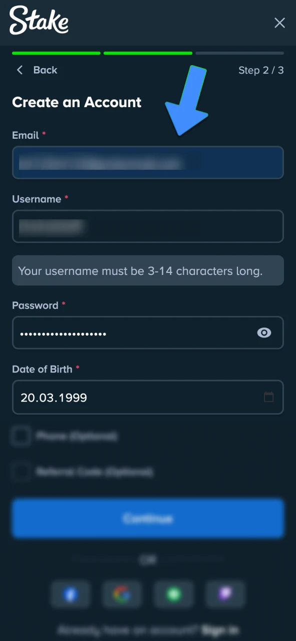 Provide your email and password to join Stake.