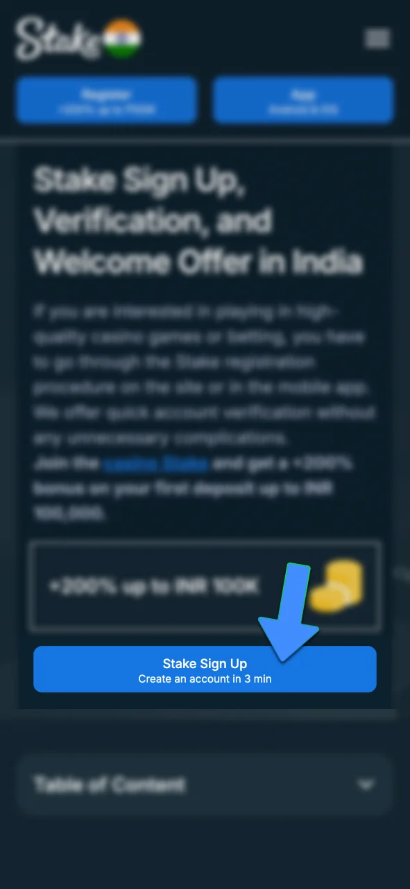 Click the registration button on Stake and open the form to create your account now.