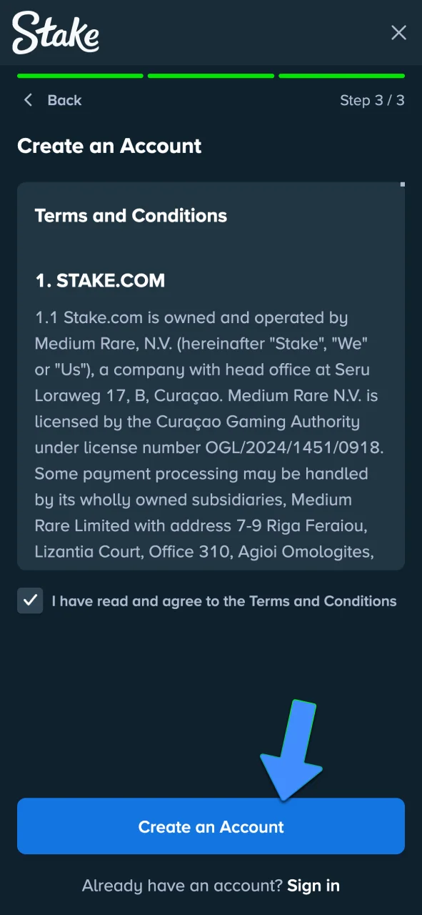 Read the rules and complete your Stake registration.