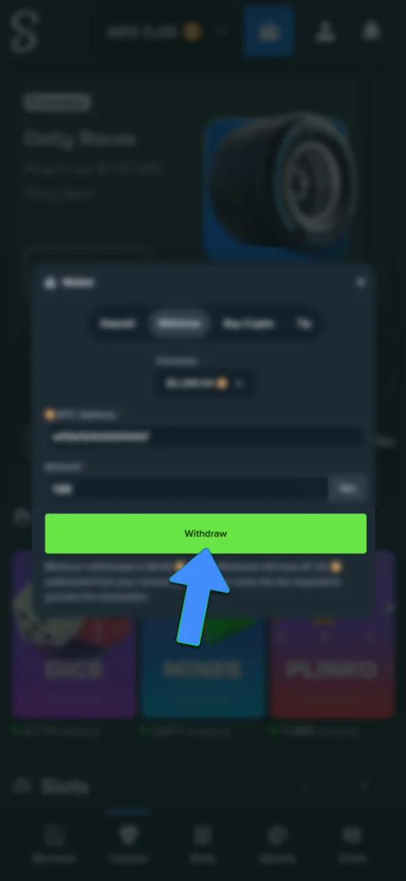 Confirm your withdrawal request on Stake after checking all details.